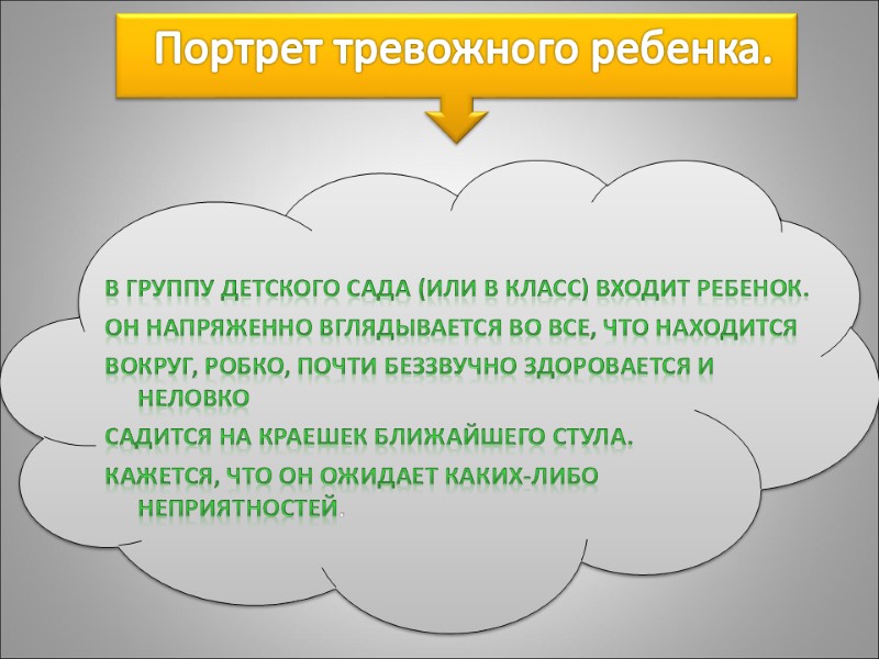 Портрет тревожного ребенка.  В группу детского сада (или в класс) входит ребенок. 
